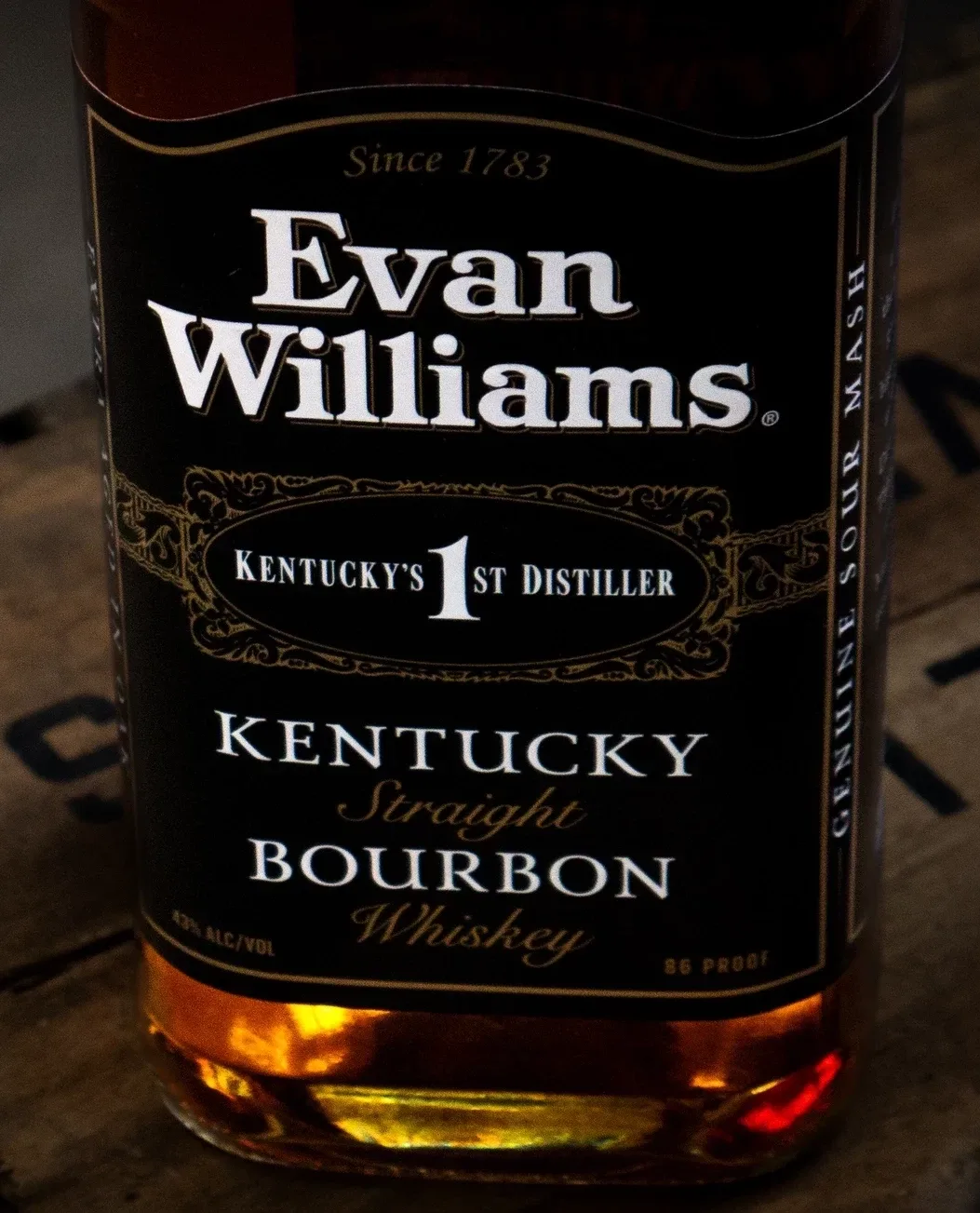 Evan Williams bourbon bottle on display